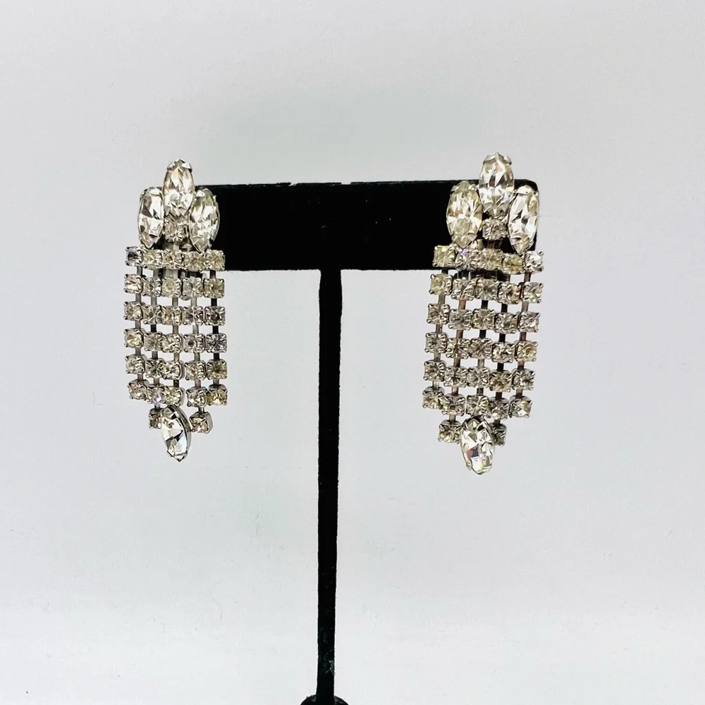 Vintage rhinestone fringe clip on earrings costume jewelry silver tone